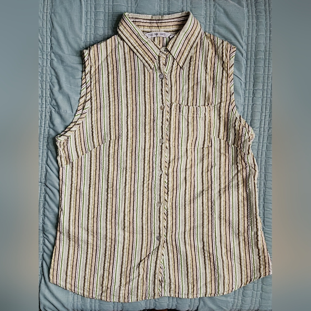Woven Sleeveless Stripe 100% Cotton Made In India Green Tan Size L